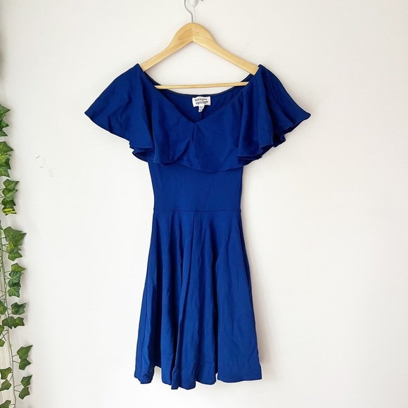 Unique Vintage Frenchie Ruffle Neck Capelet Blue Dress - Picture 2 of 5